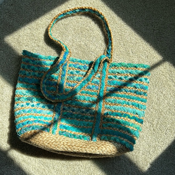 America & Beyond Jute blue turquoise beach bag - Picture 1 of 4